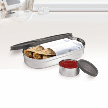 NanoNine Snack Bite Single Wall Stainless Steel Lunch Box , 650ml + 100ml, 2-Piece, Grey
